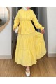 Önü Düğmeli Beli Bağcıklı Kolu Lastikli Etekli Dantelli Takım -Sarı