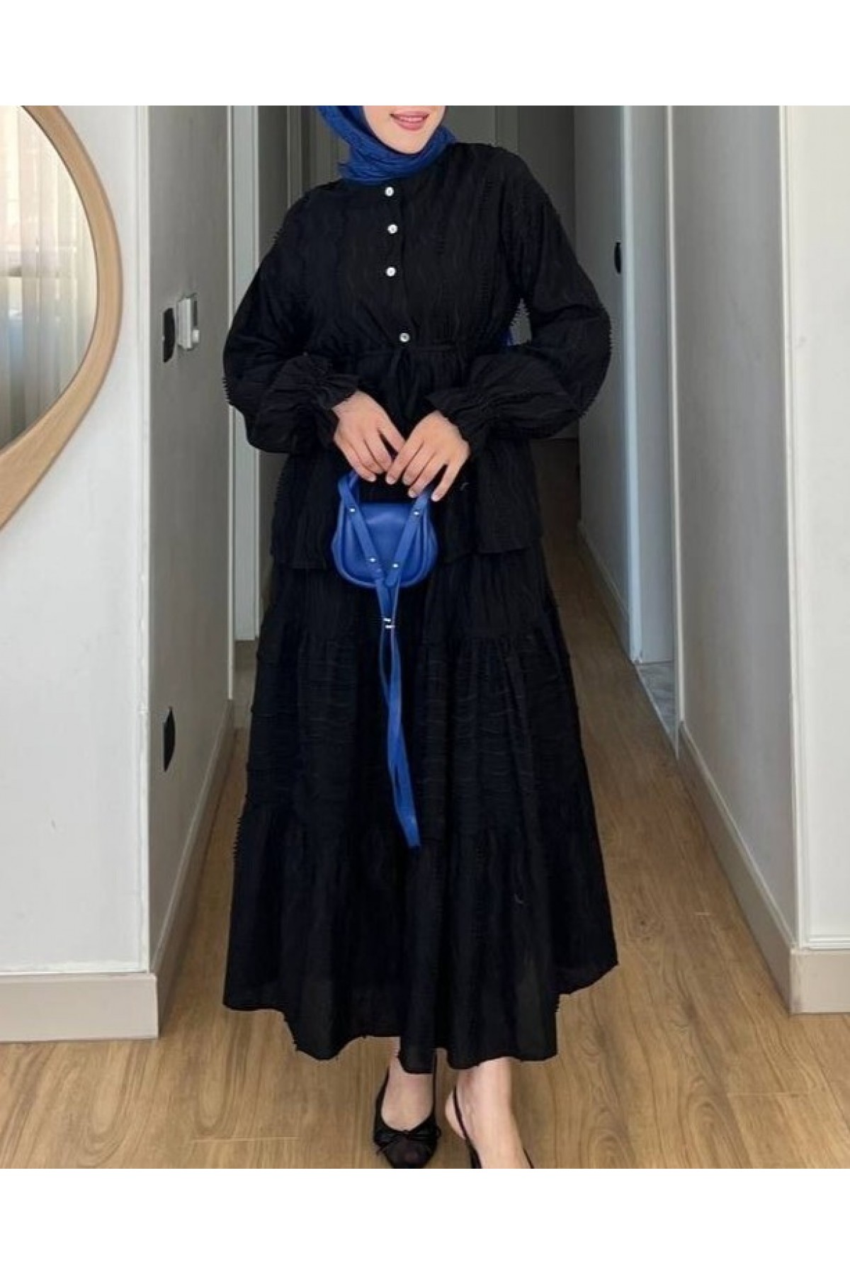 Önü Düğmeli Beli Bağcıklı Kolu Lastikli Etekli Dantelli Takım -Siyah