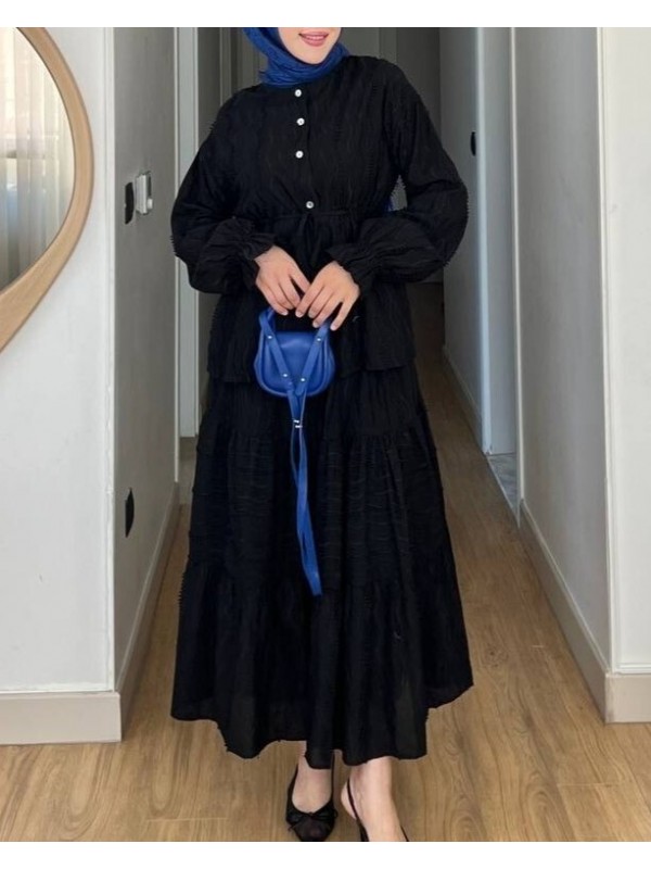 Önü Düğmeli Beli Bağcıklı Kolu Lastikli Etekli Dantelli Takım -Siyah