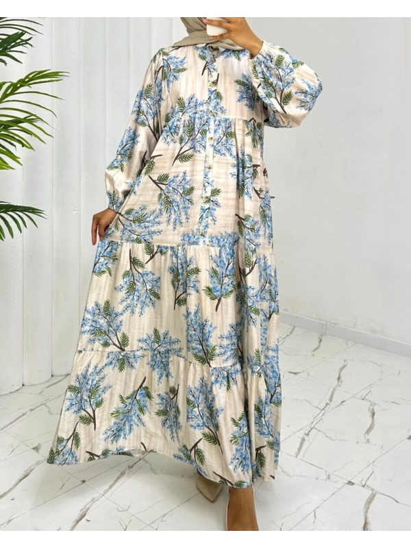 Kolu Lastikli Yarım Düğmeli Desenli Modal Elbise -Mavi