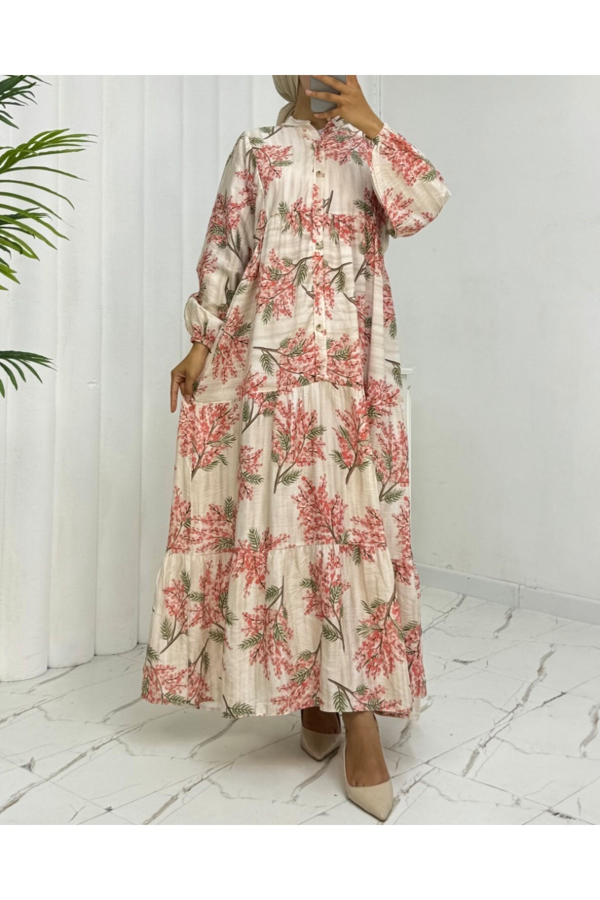 Kolu Lastikli Yarım Düğmeli Desenli Modal Elbise -Nar Çiçeği