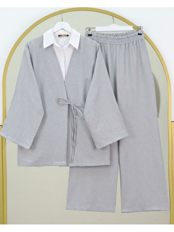 Önden Bağlamalı Pantolonlu Kimono Takım         -Açık Gri