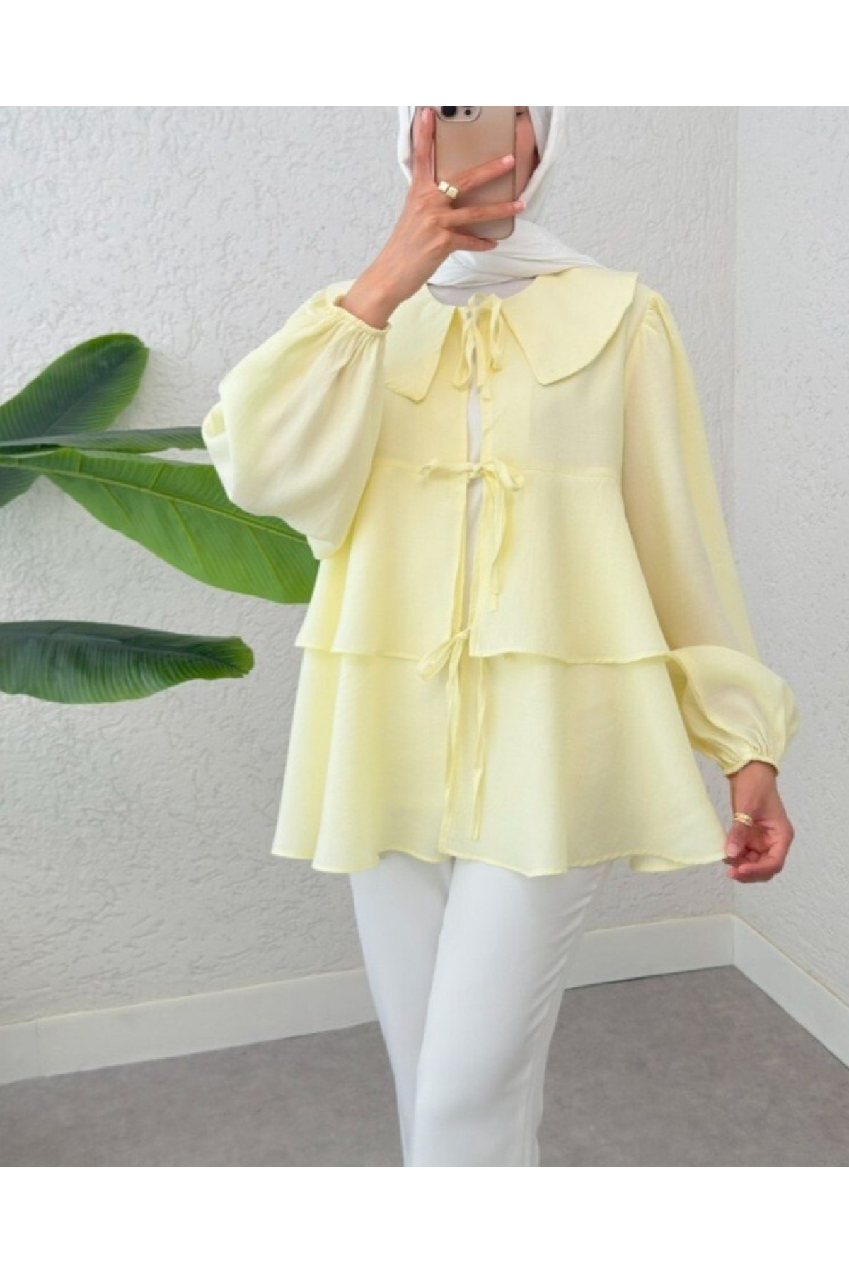 Bebe Yaka Önü Bağcıklı Eteği Katlı Kimono -Açık Sarı