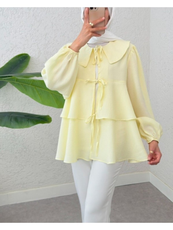 Bebe Yaka Önü Bağcıklı Eteği Katlı Kimono -Açık Sarı