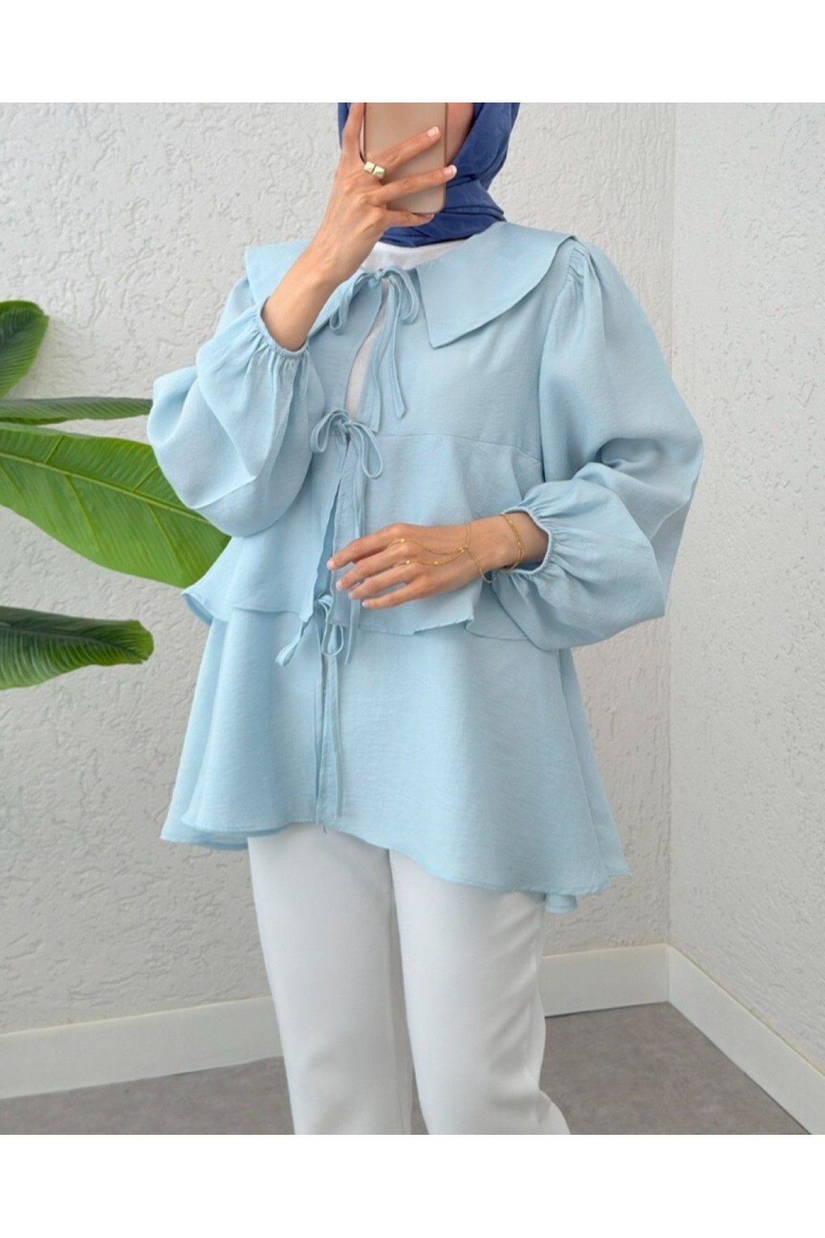 Bebe Yaka Önü Bağcıklı Eteği Katlı Kimono -Bebe Mavi