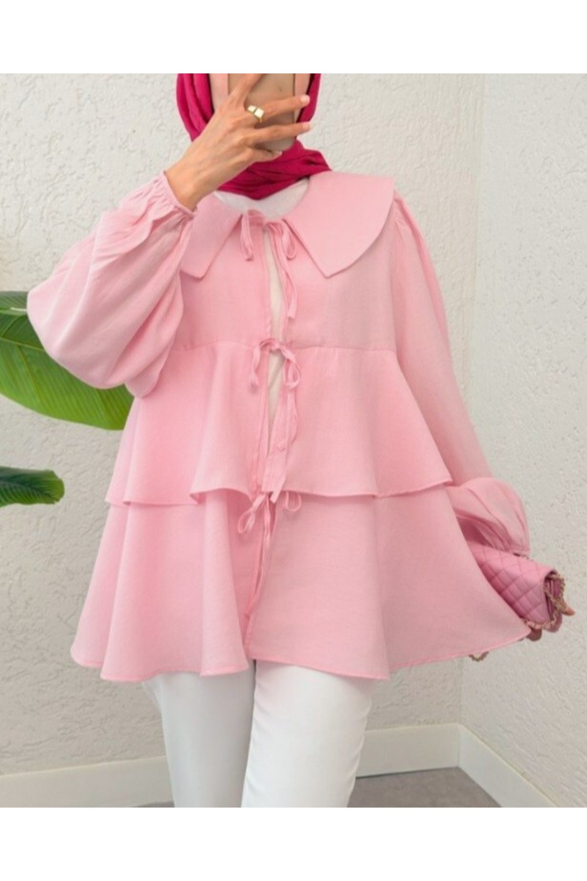 Bebe Yaka Önü Bağcıklı Eteği Katlı Kimono -Pembe