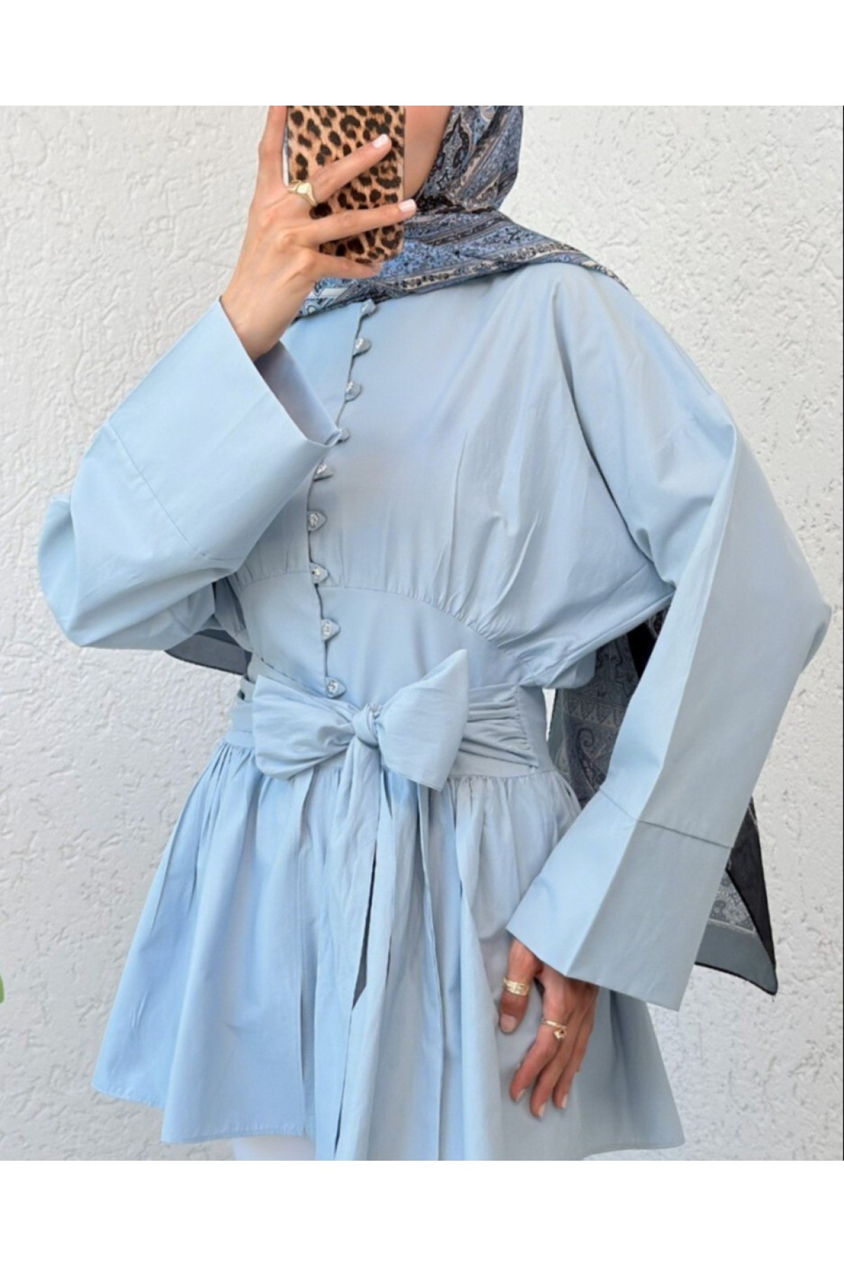 Beli Bağcıklı Boydan Taş Düğmeli Tunik -Bebe Mavi