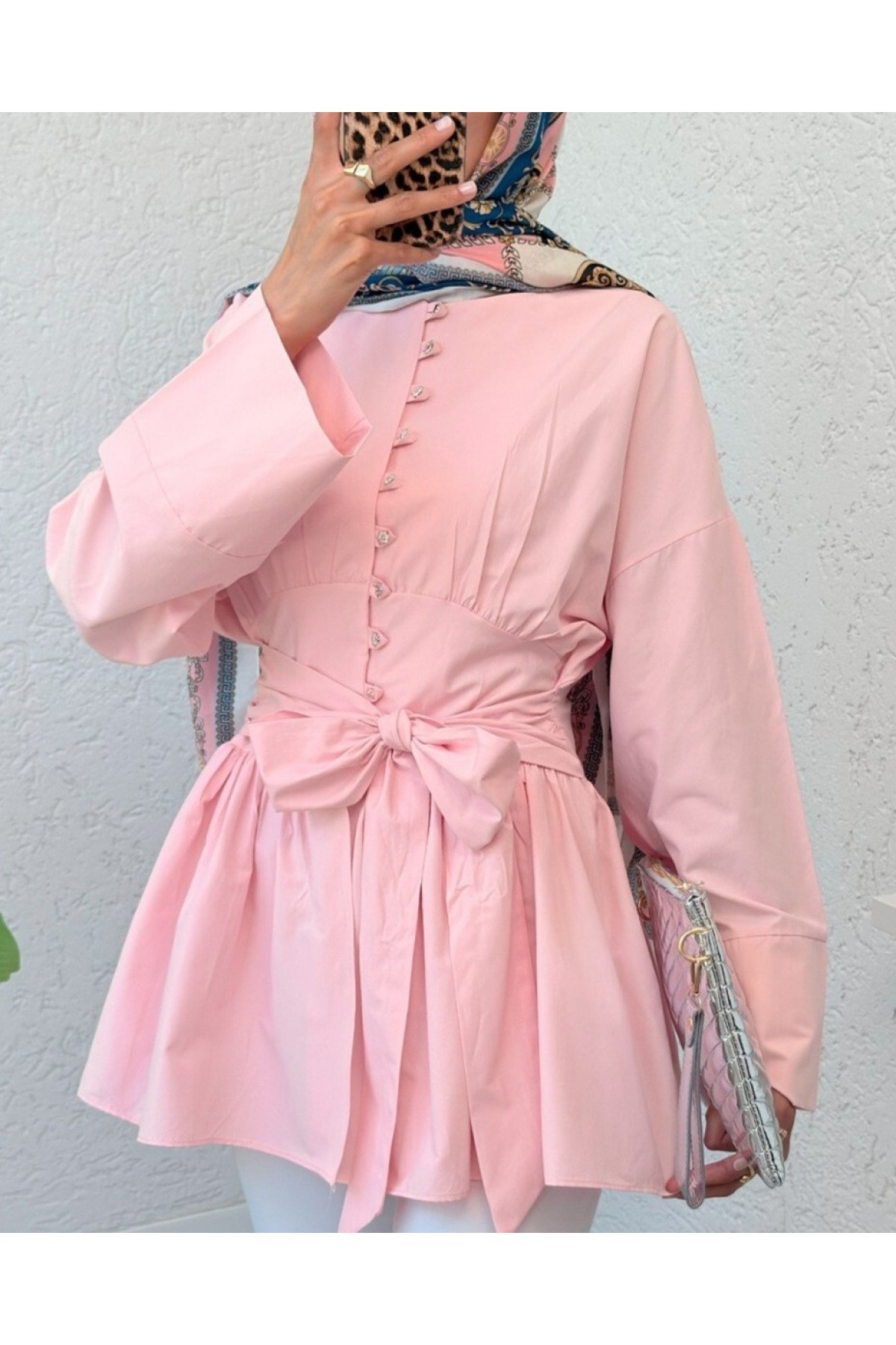 Beli Bağcıklı Boydan Taş Düğmeli Tunik -Pembe