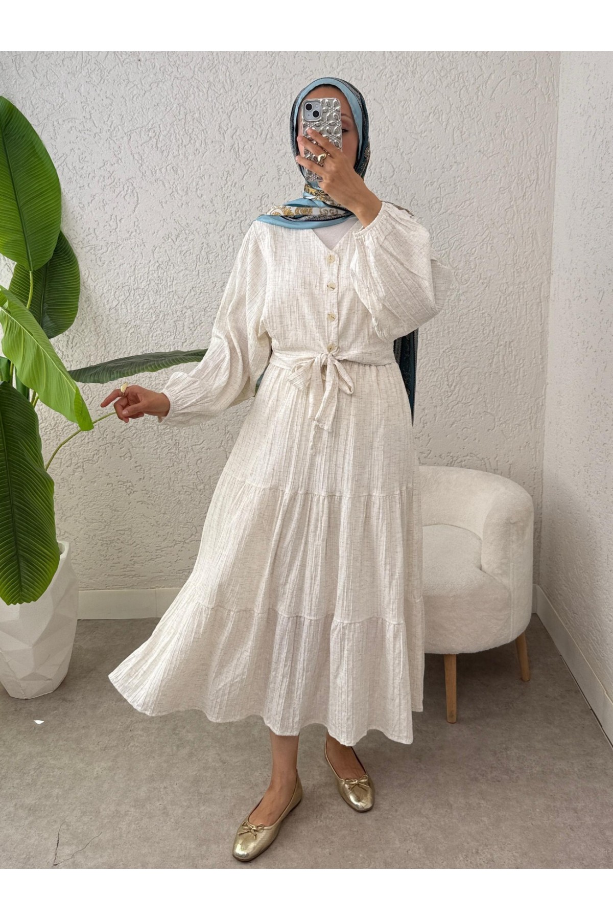 Beli Bağcıklı Yarasa Kol Düğmeli Bluz Etek Keten Takım -Bej