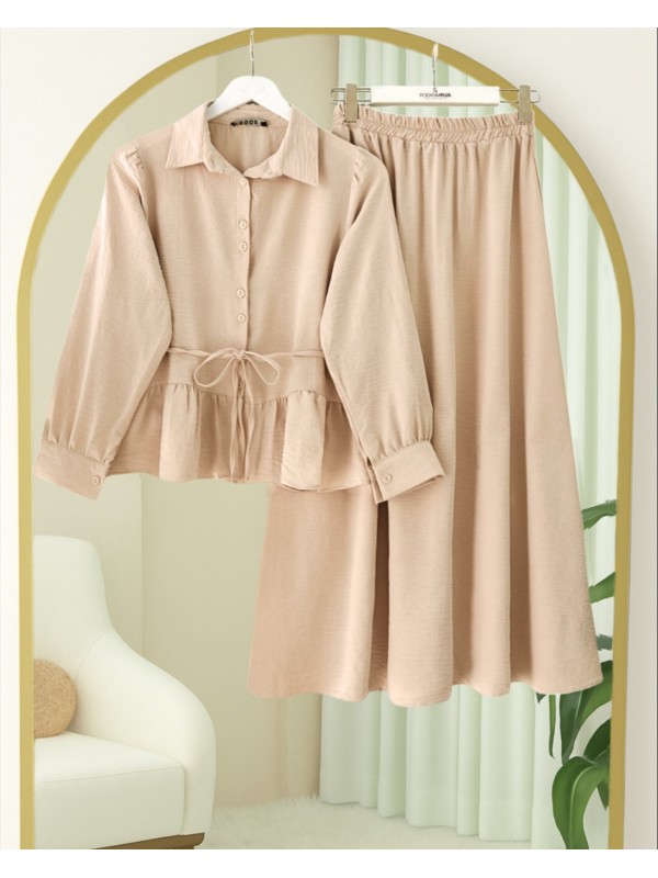 Parçalı Büzgülü Bluz Etekli Takım -Bej