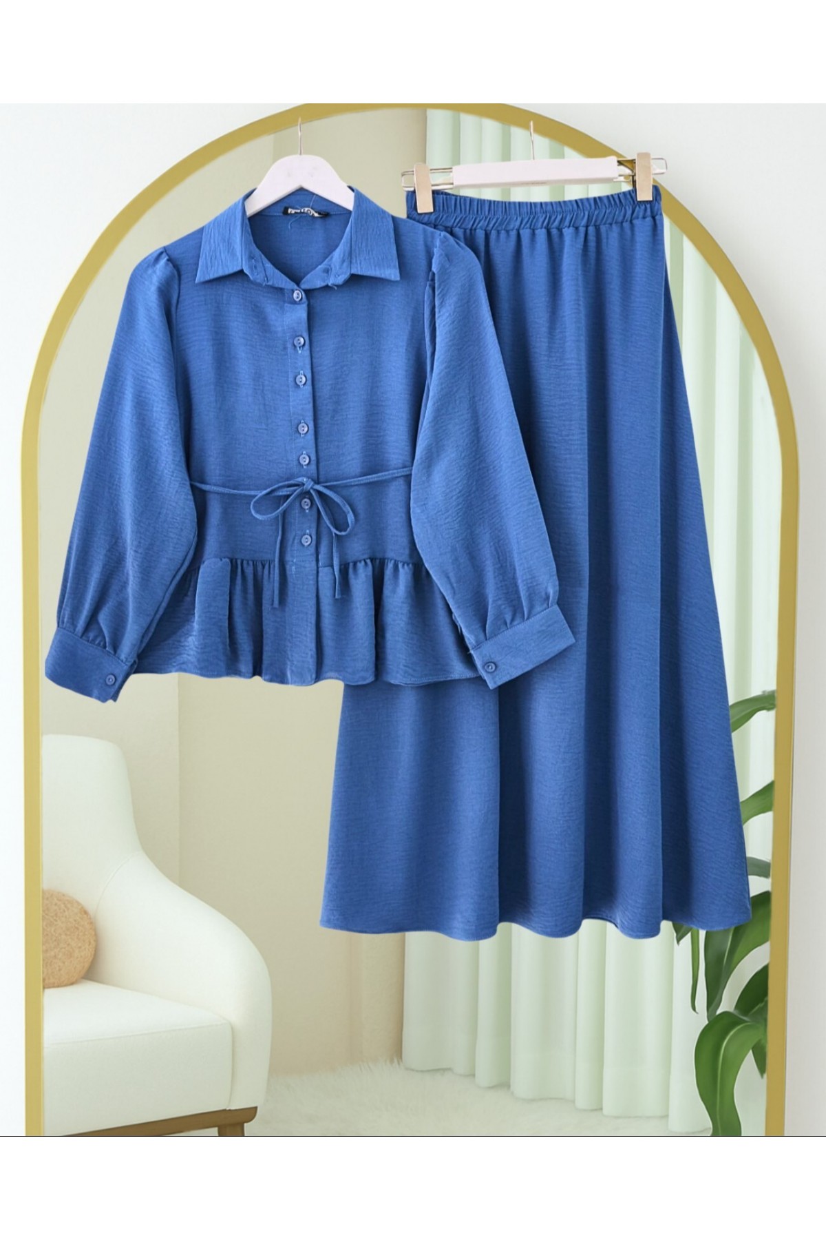 Parçalı Büzgülü Bluz Etekli Takım -İndigo