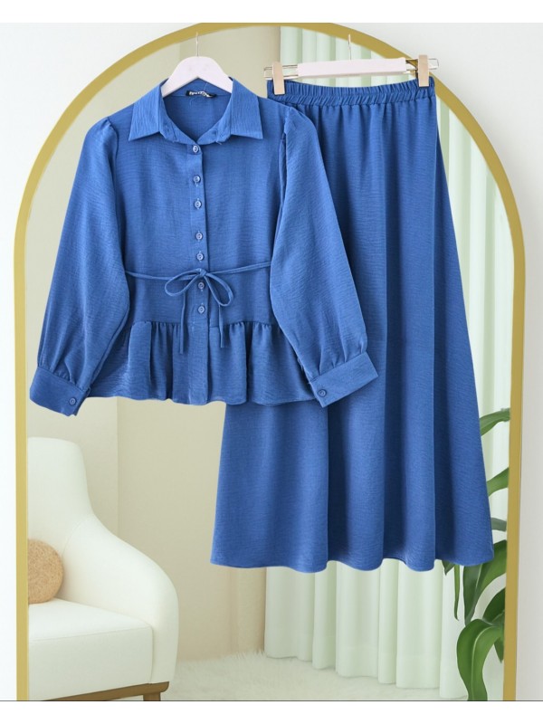 Parçalı Büzgülü Bluz Etekli Takım -İndigo