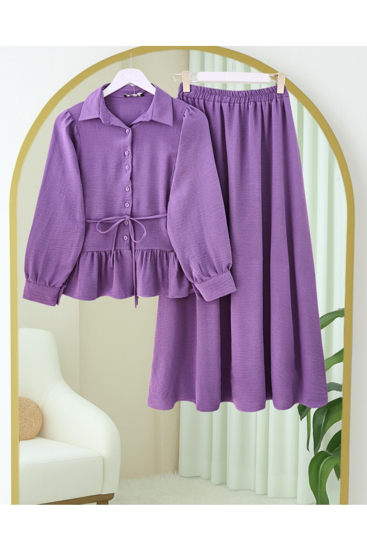 Parçalı Büzgülü Bluz Etekli Takım -Mor