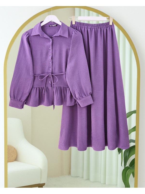 Parçalı Büzgülü Bluz Etekli Takım -Mor