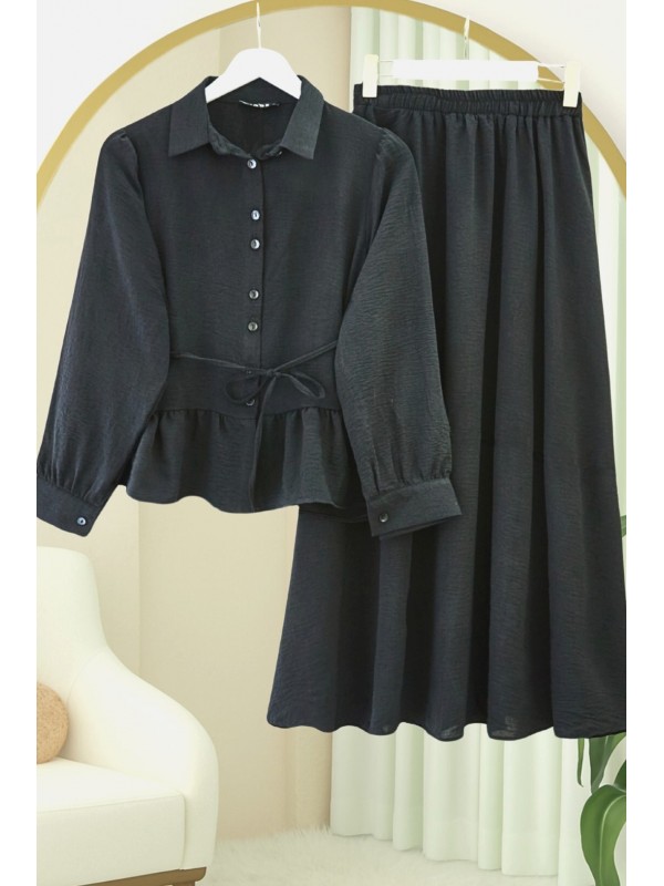 Parçalı Büzgülü Bluz Etekli Takım -Siyah