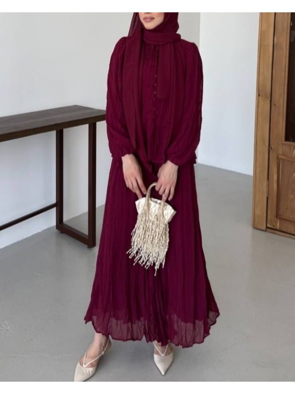 Yakası Fırfırlı Düğmeli Şifon Kraş Etekli Takım -Bordo