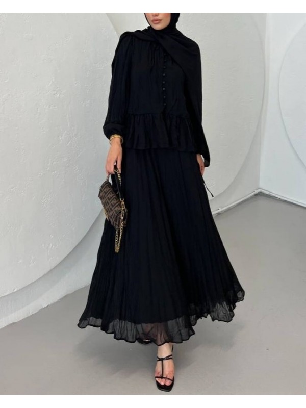 Yakası Fırfırlı Düğmeli Şifon Kraş Etekli Takım -Siyah