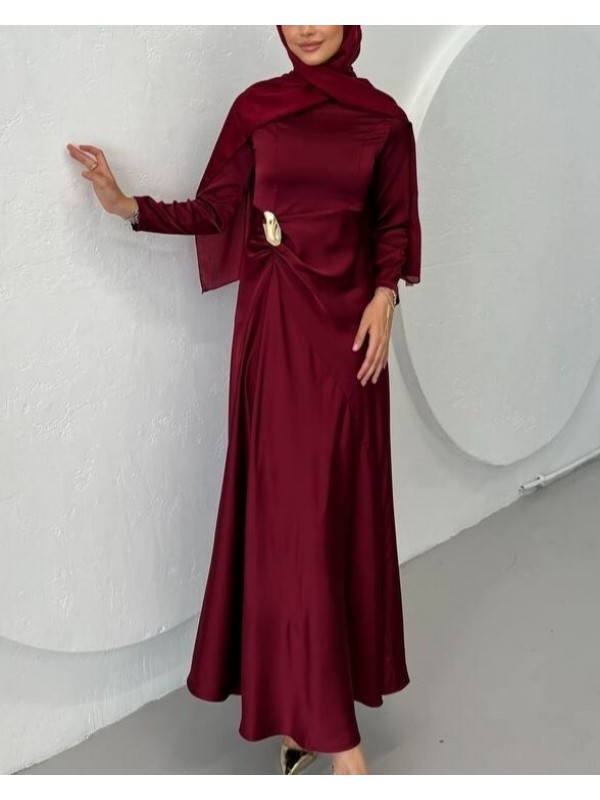 Beli Drapeli Düz Saten Elbise -Bordo