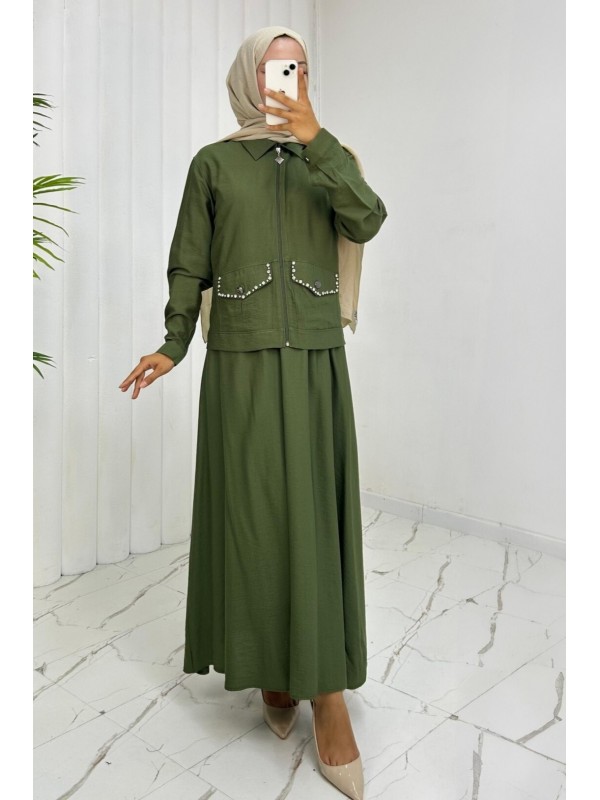 Fermuarlı Ceketli Beli Lastikli Etekli Keten Takım -Haki