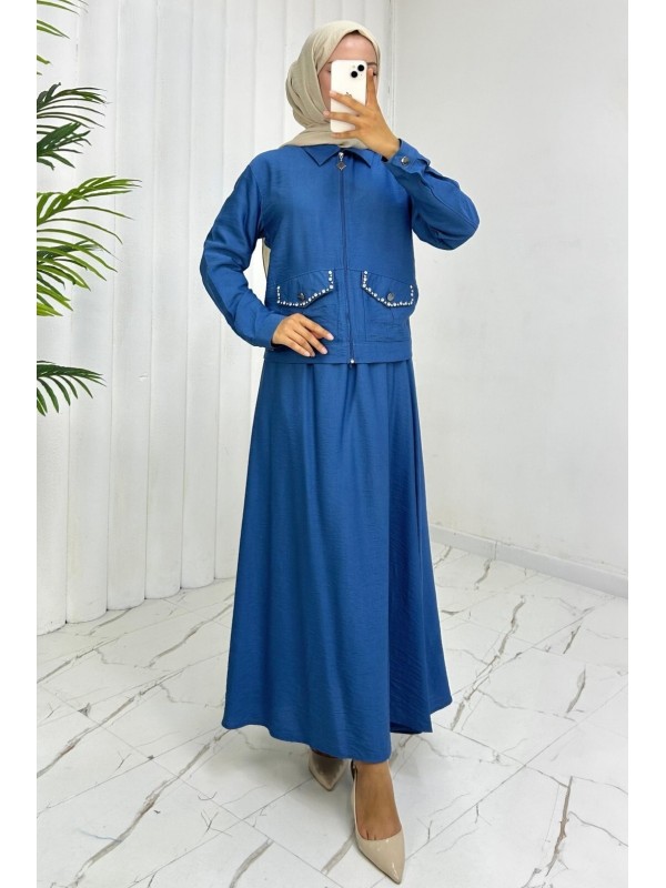 Fermuarlı Ceketli Beli Lastikli Etekli Keten Takım -Mavi