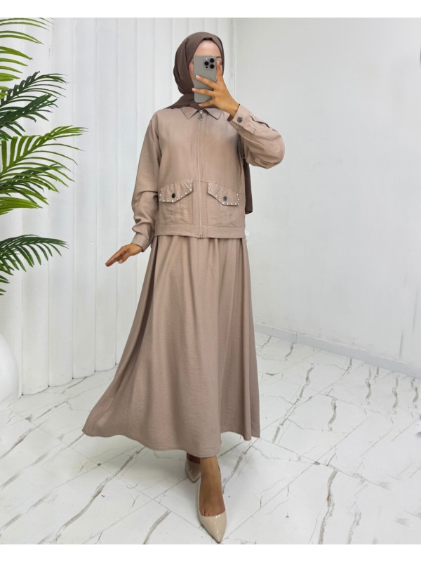 Fermuarlı Ceketli Beli Lastikli Etekli Keten Takım  -Vizon