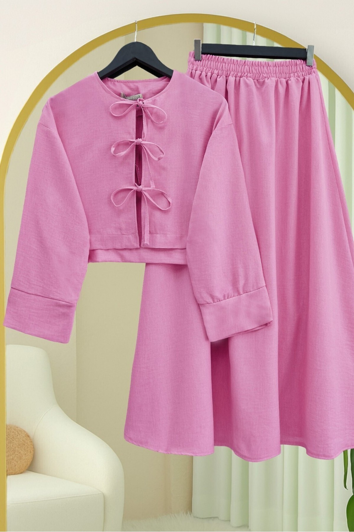 Önü Bağcıklı Beli Lastikli Etekli Keten Takım      -Pembe