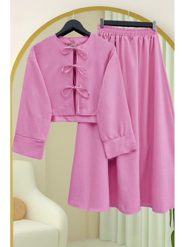 Önü Bağcıklı Beli Lastikli Etekli Keten Takım      -Pembe