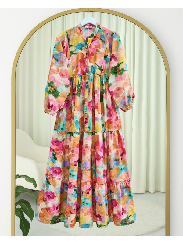 Karışık Desen Yarım Düğmeli Kolu Lastikli Elbise -Turuncu