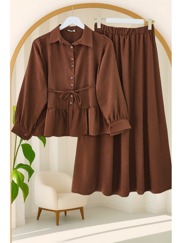 Parçalı Büzgülü Bluz Etekli Takım  -Kahve