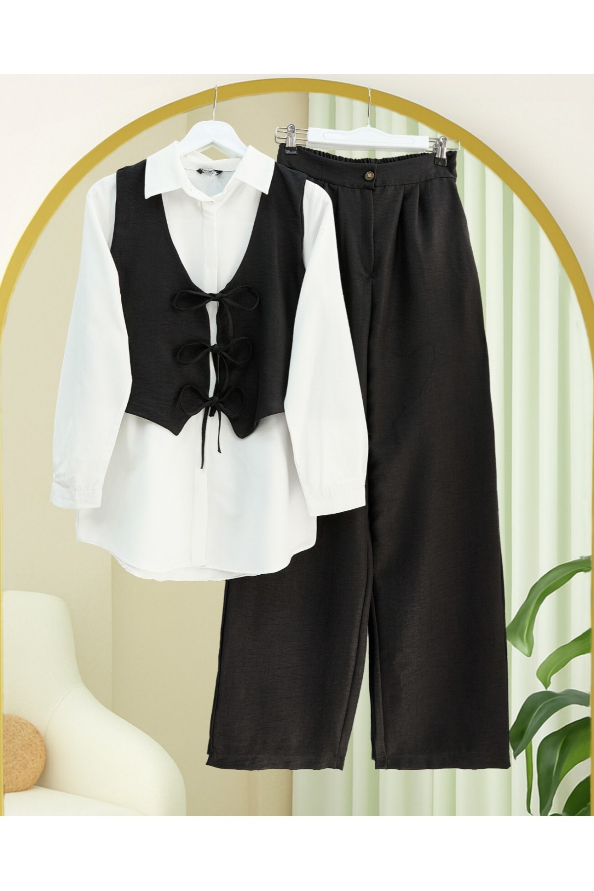 Önü Bağlamalı Yelek Pantolon İkili Takım   -Siyah