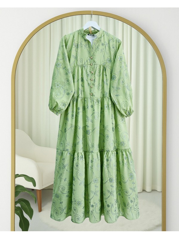 Kolu Lastikli Yarım Düğmeli Jakar Baskılı Parçalı Elbise  -Haki