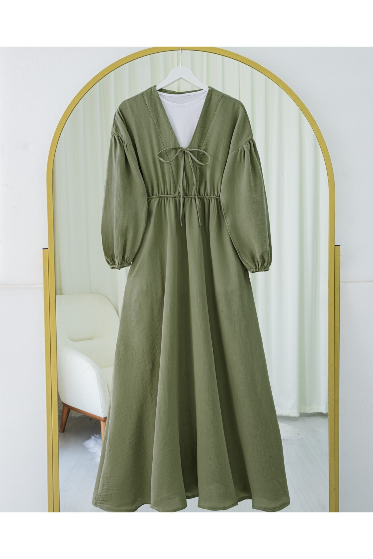 Yakası Bağlamalı Kolu Ve Beli Lastikli Müslin Elbise  -Haki