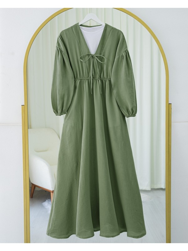 Yakası Bağlamalı Kolu Ve Beli Lastikli Müslin Elbise   -Yeşil