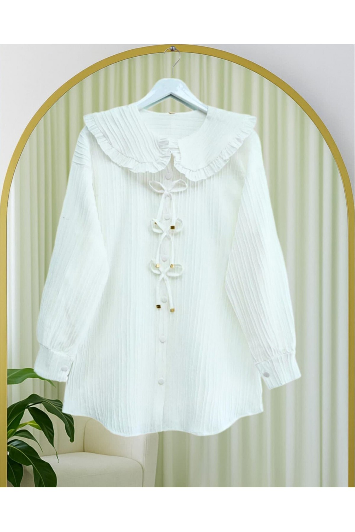 Önü Kurdele Detaylı Düğmeli Önlük Yaka Gömlek  -Beyaz