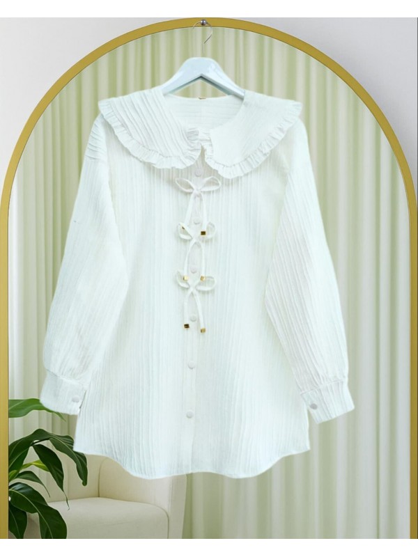 Önü Kurdele Detaylı Düğmeli Önlük Yaka Gömlek  -Beyaz
