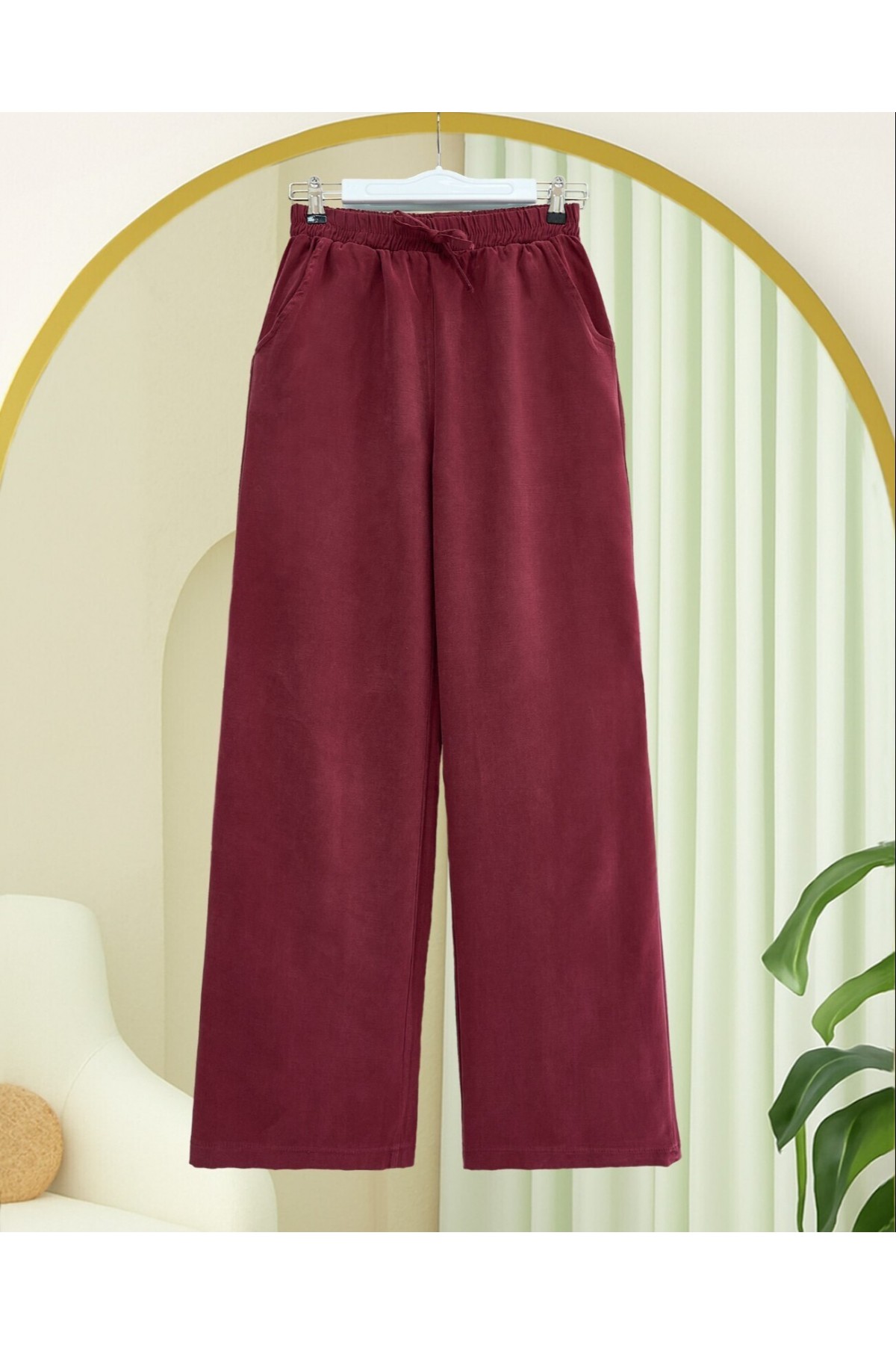 Beli Lastikli Bağcık Detaylı Cepli Bol Paça Tensel Pantolon -Bordo