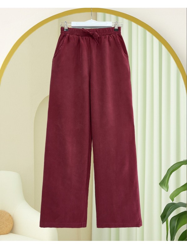 Beli Lastikli Bağcık Detaylı Cepli Bol Paça Tensel Pantolon -Bordo
