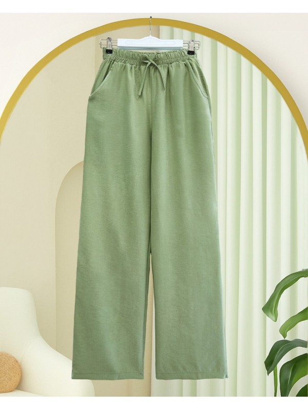 Beli Lastikli Bağcık Detaylı Cepli Bol Paça Tensel Pantolon -Çağla Y.