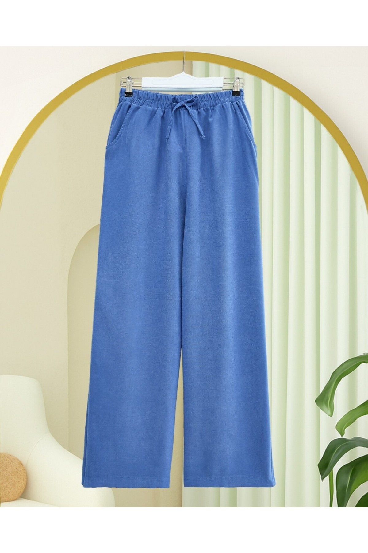 Beli Lastikli Bağcık Detaylı Cepli Bol Paça Tensel Pantolon -İndigo