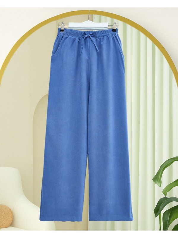 Beli Lastikli Bağcık Detaylı Cepli Bol Paça Tensel Pantolon -İndigo