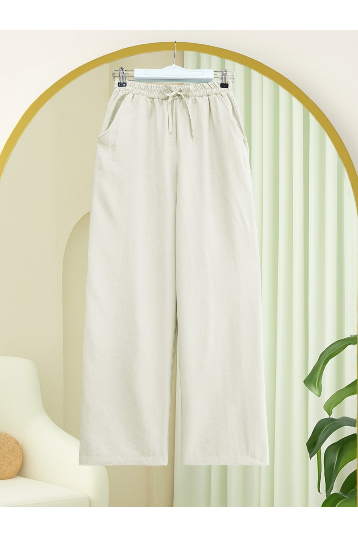 Beli Lastikli Bağcık Detaylı Cepli Bol Paça Tensel Pantolon -Taş