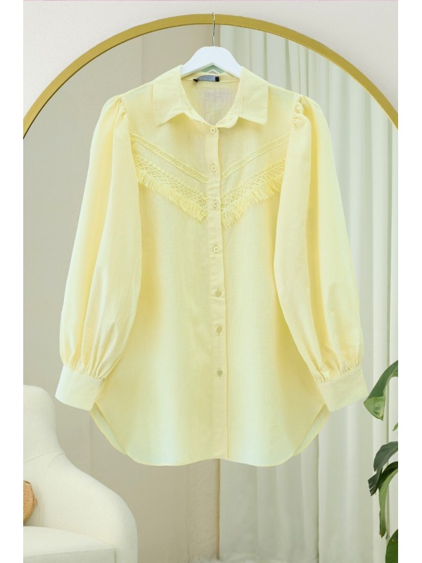 Güpür Püsküllü Ham Keten Balon Kol Gömlek     -Açık Sarı
