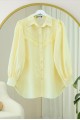 Güpür Püsküllü Ham Keten Balon Kol Gömlek     -Açık Sarı