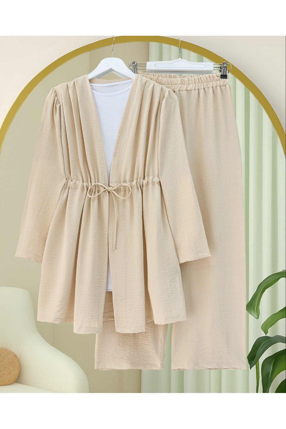 Tünel Bağcıklı Ayrobin Kimono Takım -Bej