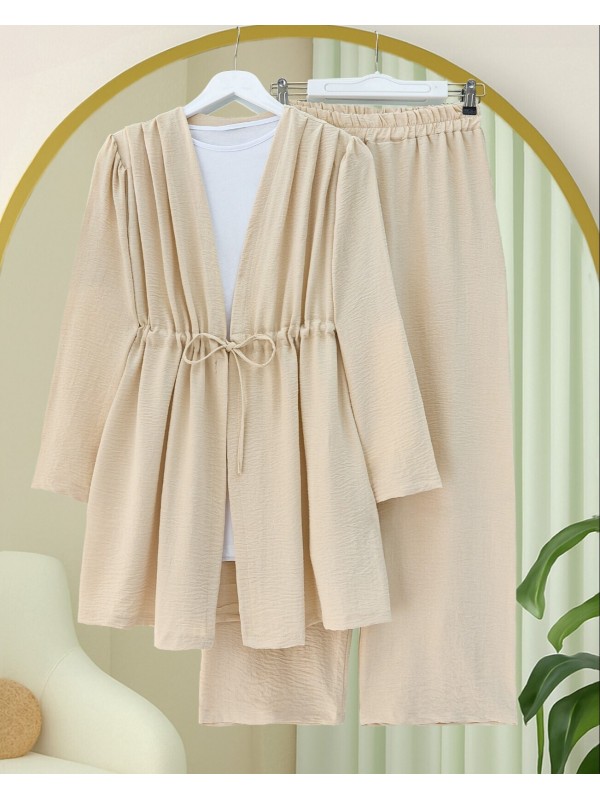 Tünel Bağcıklı Ayrobin Kimono Takım -Bej