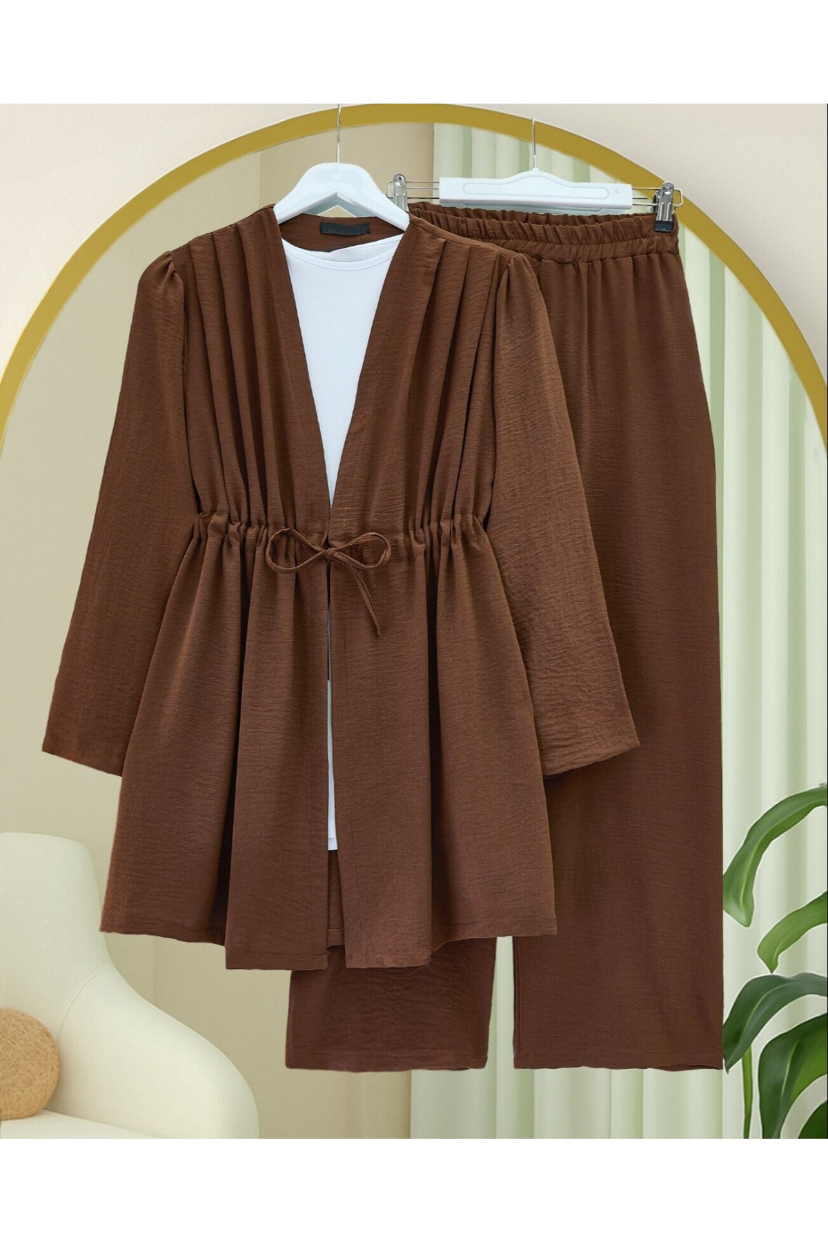 Tünel Bağcıklı Ayrobin Kimono Takım -Kahve