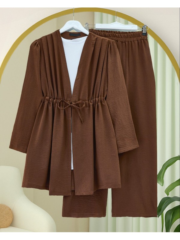 Tünel Bağcıklı Ayrobin Kimono Takım -Kahve
