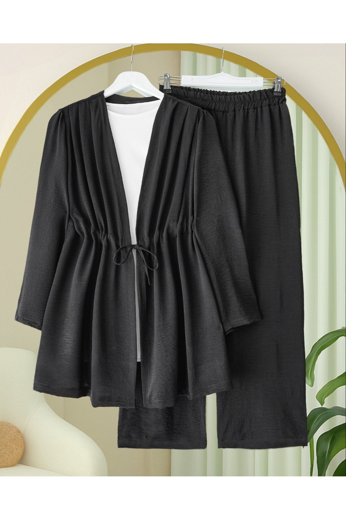 Tünel Bağcıklı Ayrobin Kimono Takım -Siyah