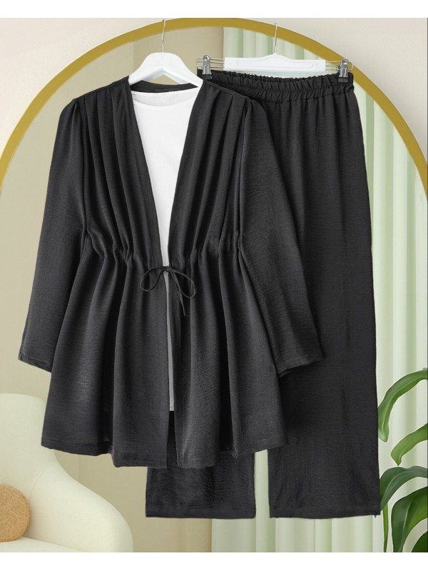 Tünel Bağcıklı Ayrobin Kimono Takım -Siyah