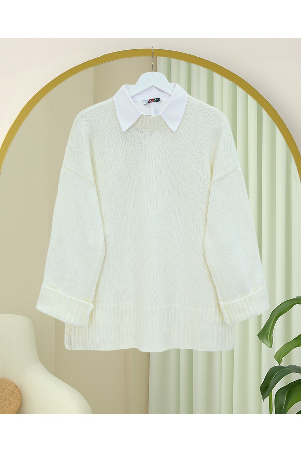 Bisiklet Yaka Eteği Fitilli Salaş Triko Kazak      -Beyaz